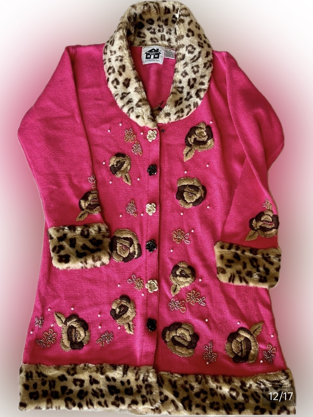 Vintage Storybook Knits Cozy Glamout Hot Pink Leopard Faux Fur Duster Sweater S